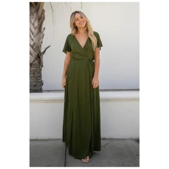 Olive Green Short Flutter Sleeve Wrap Spring Maxi Dress - Picture 3 of 6